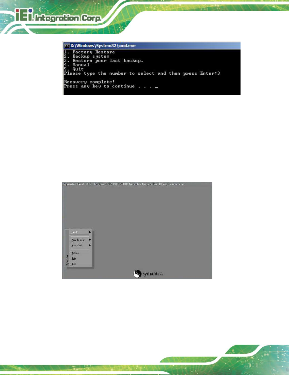 B.5.4 manual, Figure b-39: restore system backup complete window, Figure b-40: symantec ghost window | IEI Integration NANO-HM650 User Manual | Page 152 / 175