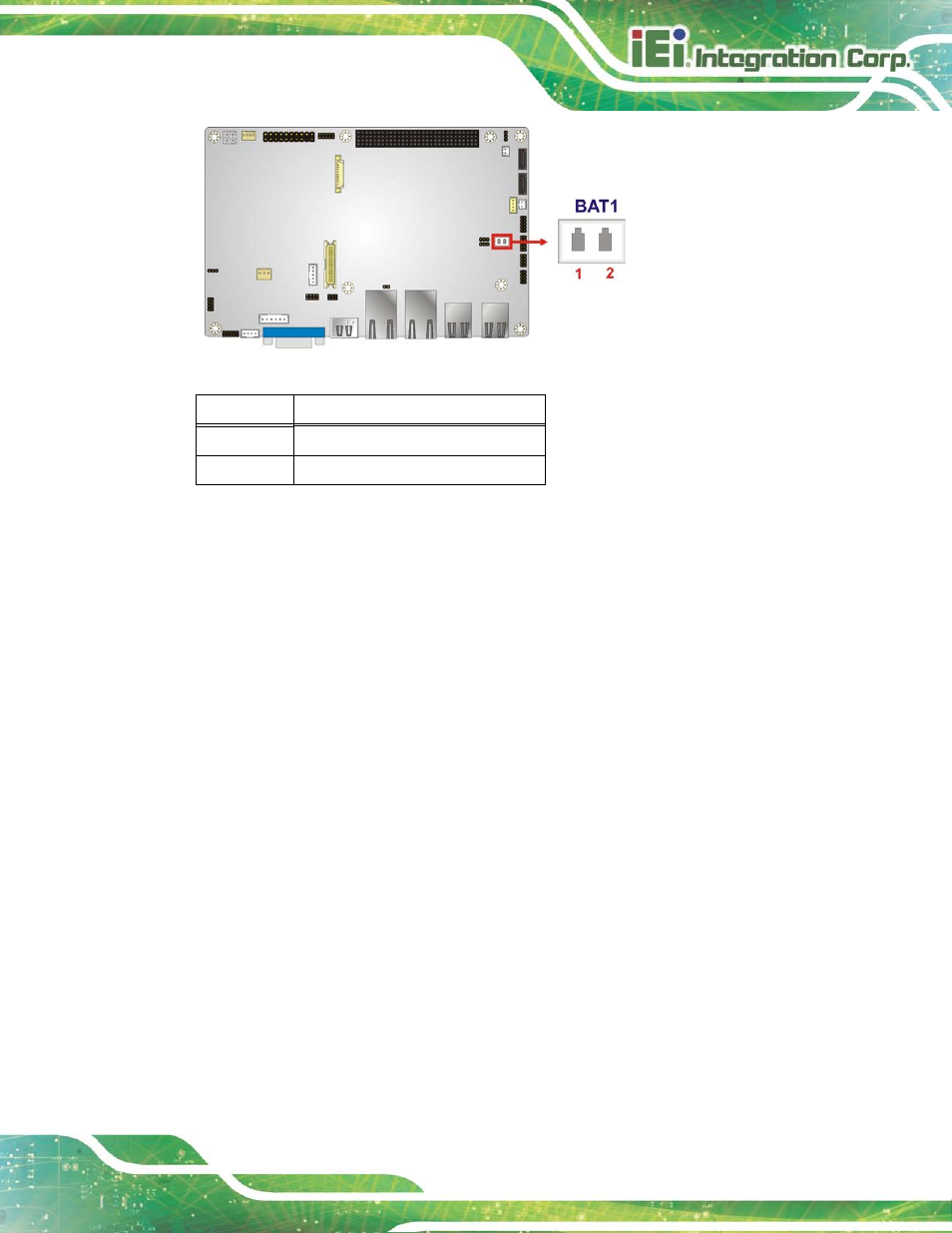 4 bios update connector, Figure 3-4: battery connector location, Table 3-5: battery connector pinouts | IEI Integration NANO-HM650 User Manual | Page 33 / 175