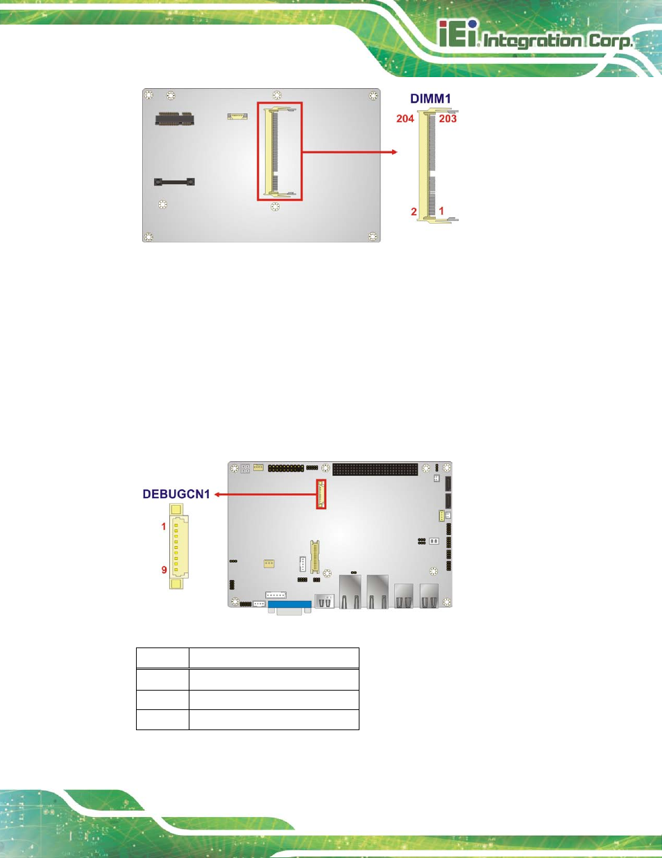 6 debug port connector, Figure 3-6: ddr3 so-dimm socket location, Figure 3-7: debug port connector location | IEI Integration NANO-HM650 User Manual | Page 35 / 175