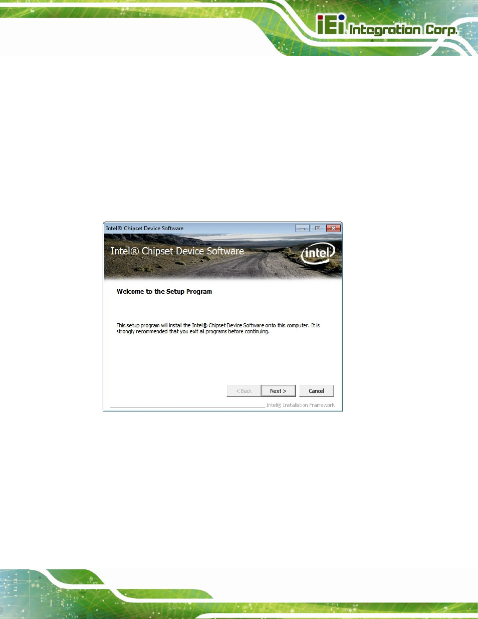3 chipset driver installation, Hipset, River | Nstallation, Figure 6-3: chipset driver welcome screen | IEI Integration NANO-QM770 User Manual | Page 114 / 190