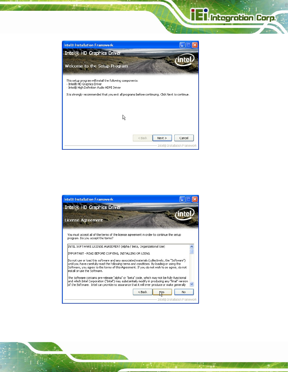 Figure 6-8: graphics driver welcome screen, Figure 6-9: graphics driver license agreement | IEI Integration NANO-QM770 User Manual | Page 118 / 190