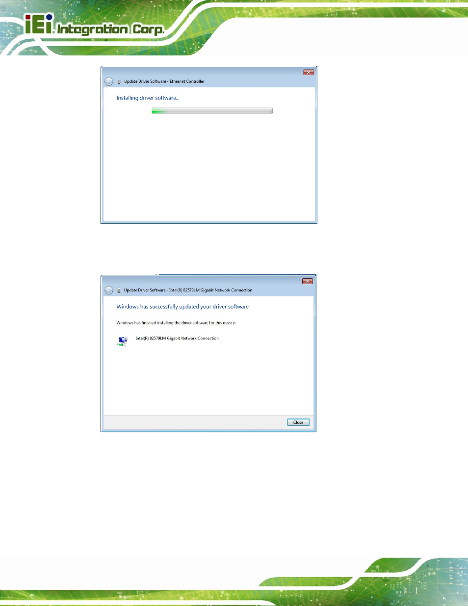 6 audio driver installation, Udio, River | Nstallation, Figure 6-17: lan driver installation, Figure 6-18: lan driver installation complete | IEI Integration NANO-QM770 User Manual | Page 123 / 190