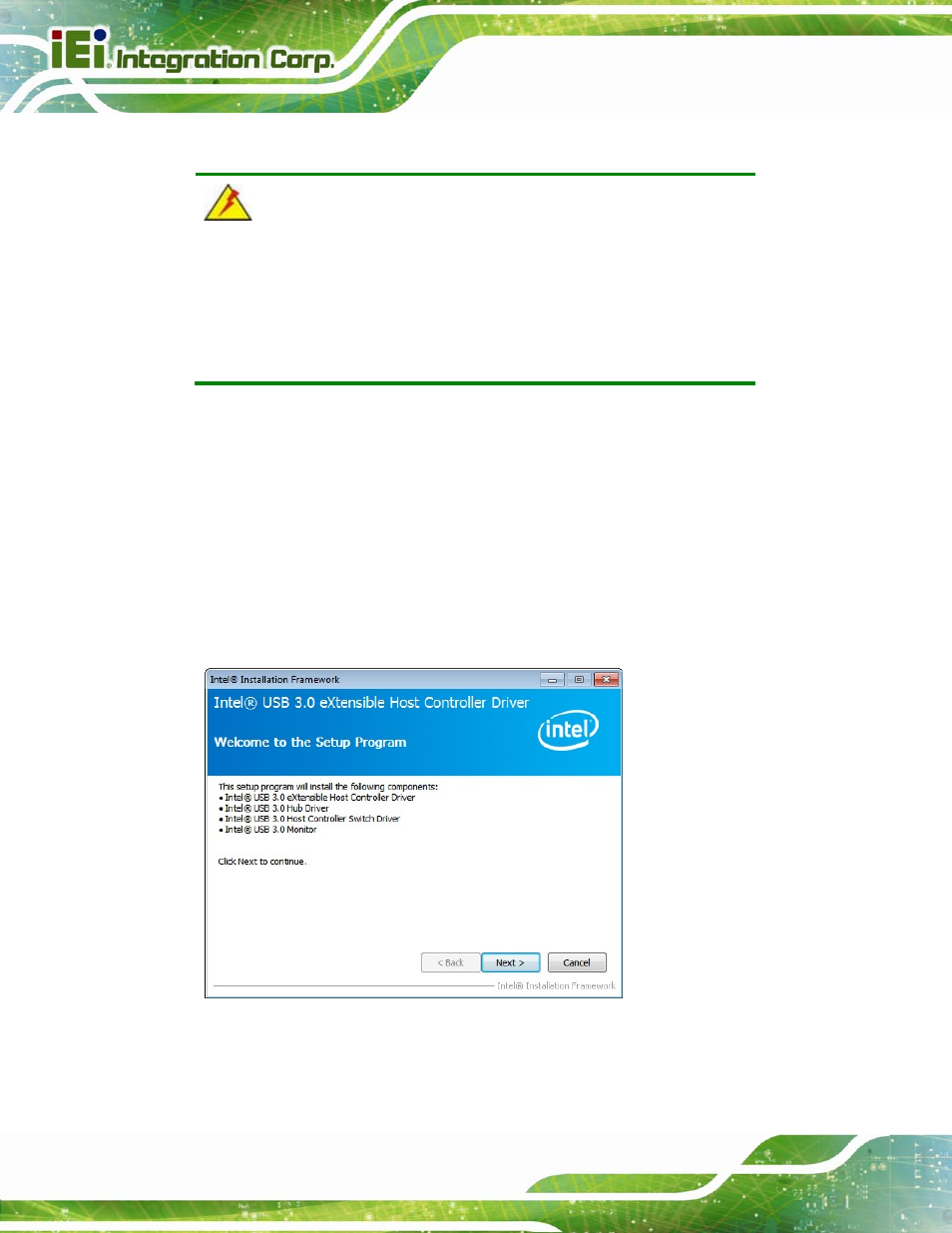 8 usb 3.0 driver installation, River, Nstallation | Figure 6-27: usb 3.0 driver welcome screen | IEI Integration NANO-QM770 User Manual | Page 129 / 190