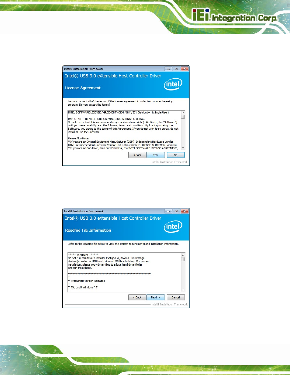 Figure 6-28: usb 3.0 driver license agreement, Figure 6-29: usb 3.0 driver read me file | IEI Integration NANO-QM770 User Manual | Page 130 / 190