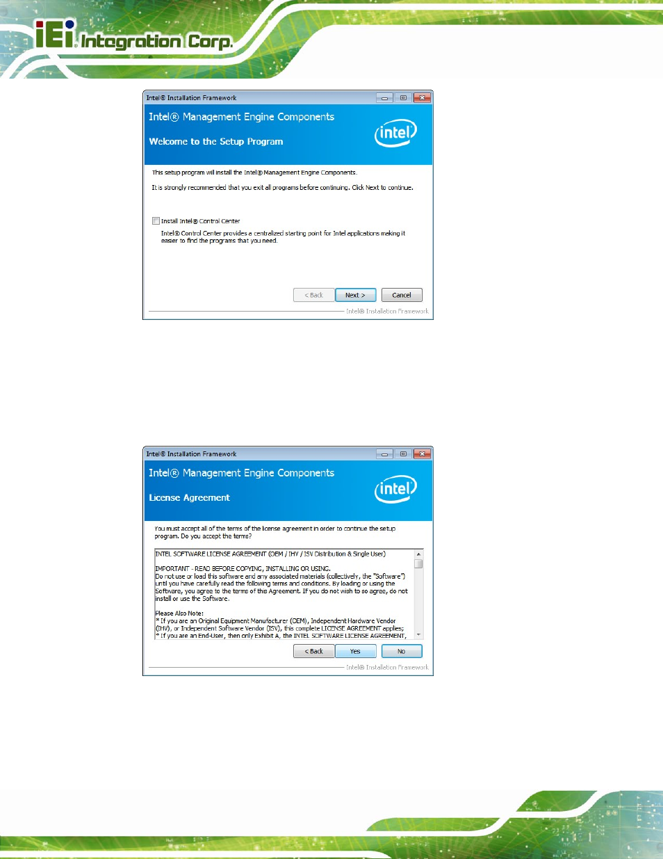 Figure 6-32: intel® me driver welcome screen, Figure 6-33: intel® me driver license agreement | IEI Integration NANO-QM770 User Manual | Page 133 / 190