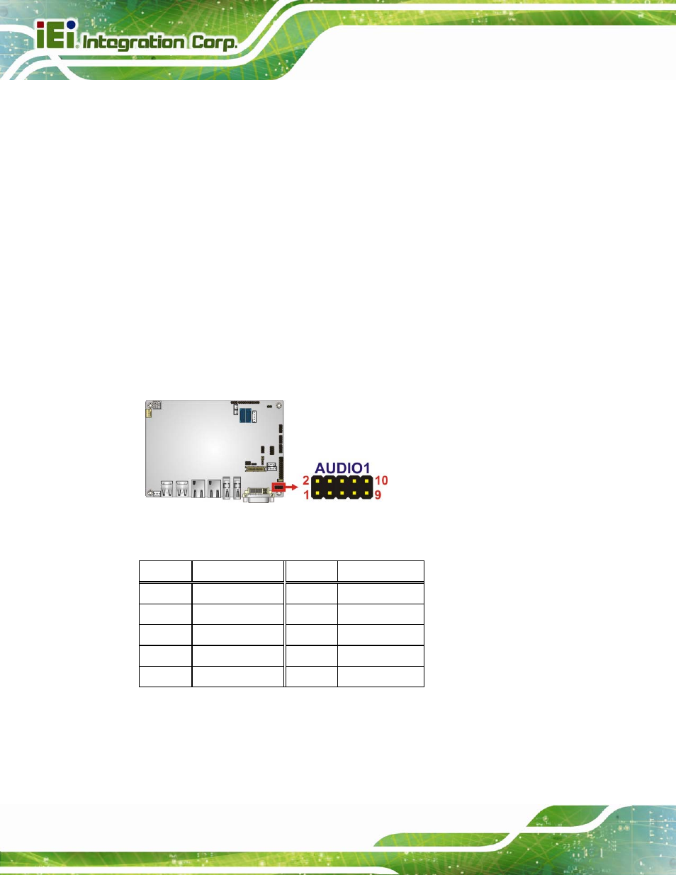 2 internal peripheral connectors, 1 audio connector, Nternal | Eripheral, Onnectors, Figure 3-3: audio connector location, Table 3-3: audio connector pinouts | IEI Integration NANO-QM770 User Manual | Page 33 / 190