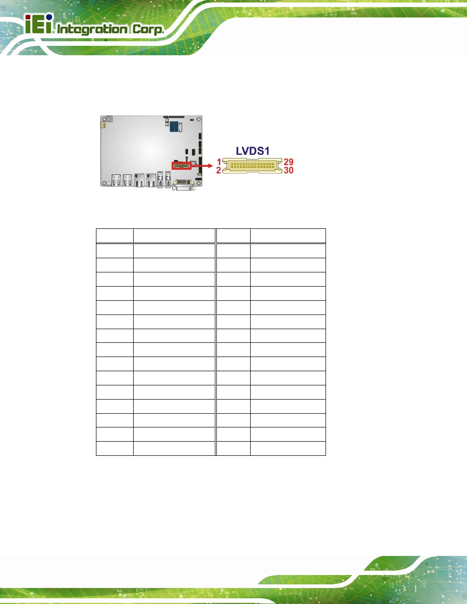 Figure 3-10: lvds connector location, Table 3-10: lvds connector pinouts | IEI Integration NANO-QM770 User Manual | Page 39 / 190