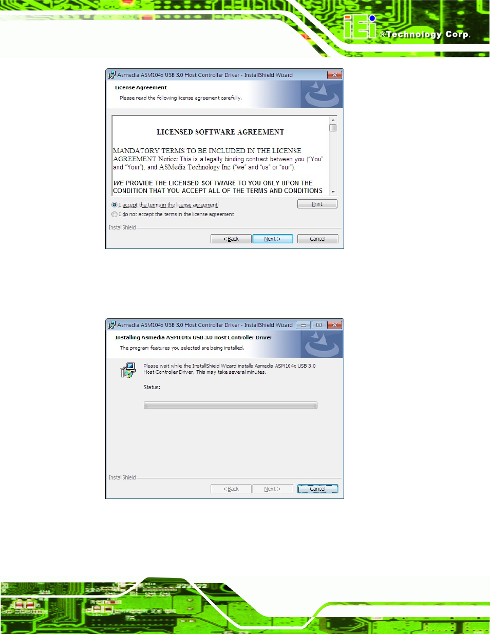 Figure 6-22: usb 3.0 driver license agreement, Figure 6-23: usb 3.0 driver setup operations | IEI Integration NANO-CV-D25501_N26001 User Manual | Page 134 / 194