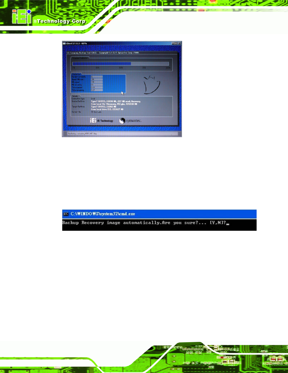 Figure b-26: building the auto recovery partition, Figure b-27: factory default image confirmation | IEI Integration NANO-CV-D25501_N26001 User Manual | Page 159 / 194