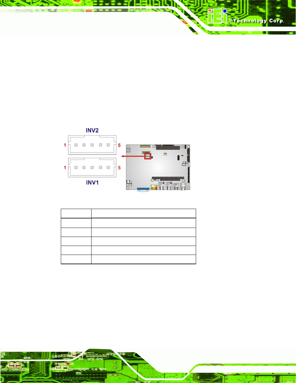 3 backlight inverter connectors, Figure 3-4: backlight inverter connector locations, Table 3-5: backlight inverter connector pinouts | IEI Integration NANO-CV-D25501_N26001 User Manual | Page 34 / 194