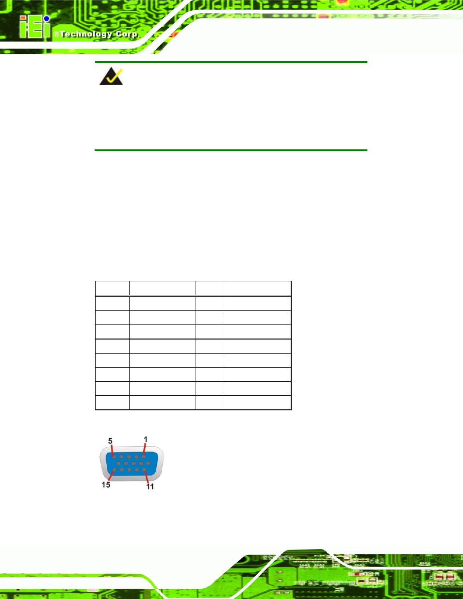5 vga connector, Figure 3-26: vga connector, Table 3-30: vga connector pinouts | IEI Integration NANO-CV-D25501_N26001 User Manual | Page 57 / 194