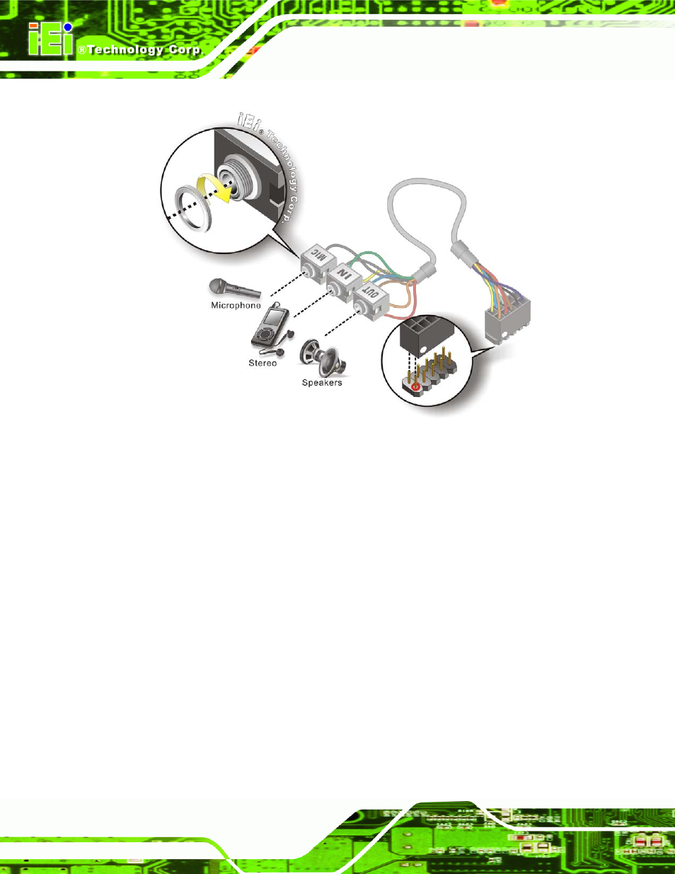 3 keyboard/mouse connector, Figure 4-11: audio kit cable connection | IEI Integration NANO-CV-D25501_N26001 User Manual | Page 73 / 194