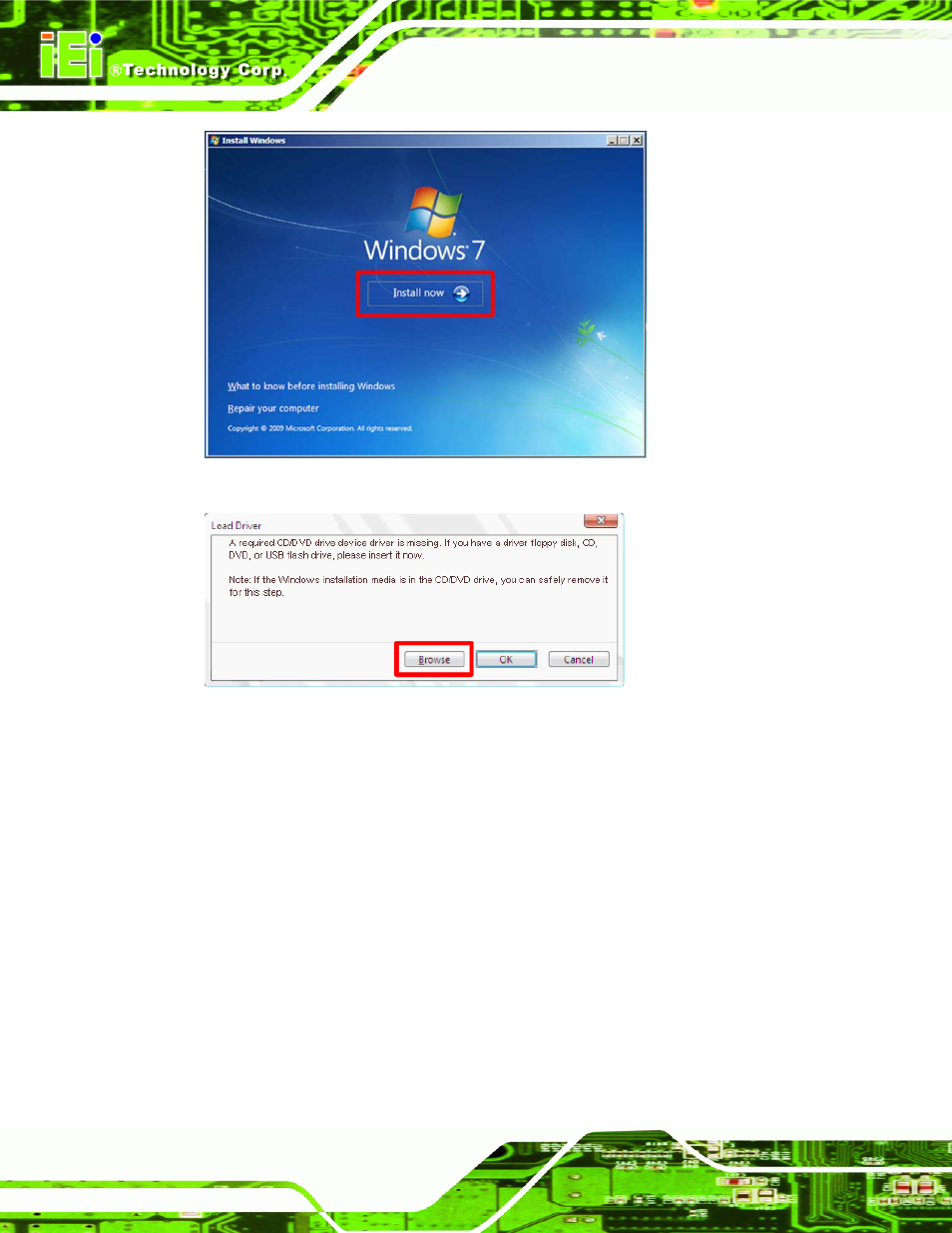 Figure 4-23: install now, Figure 4-24: load driver | IEI Integration NANO-CV-D25501_N26001 User Manual | Page 85 / 194