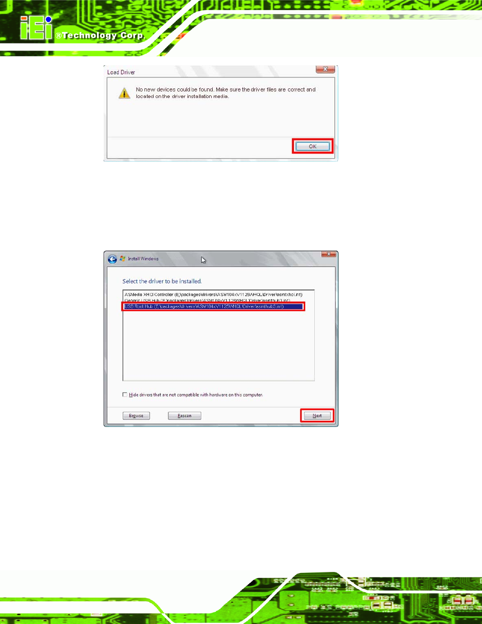 Figure 4-27: confirm the driver file, Figure 4-28: select the usb root hub driver | IEI Integration NANO-CV-D25501_N26001 User Manual | Page 87 / 194