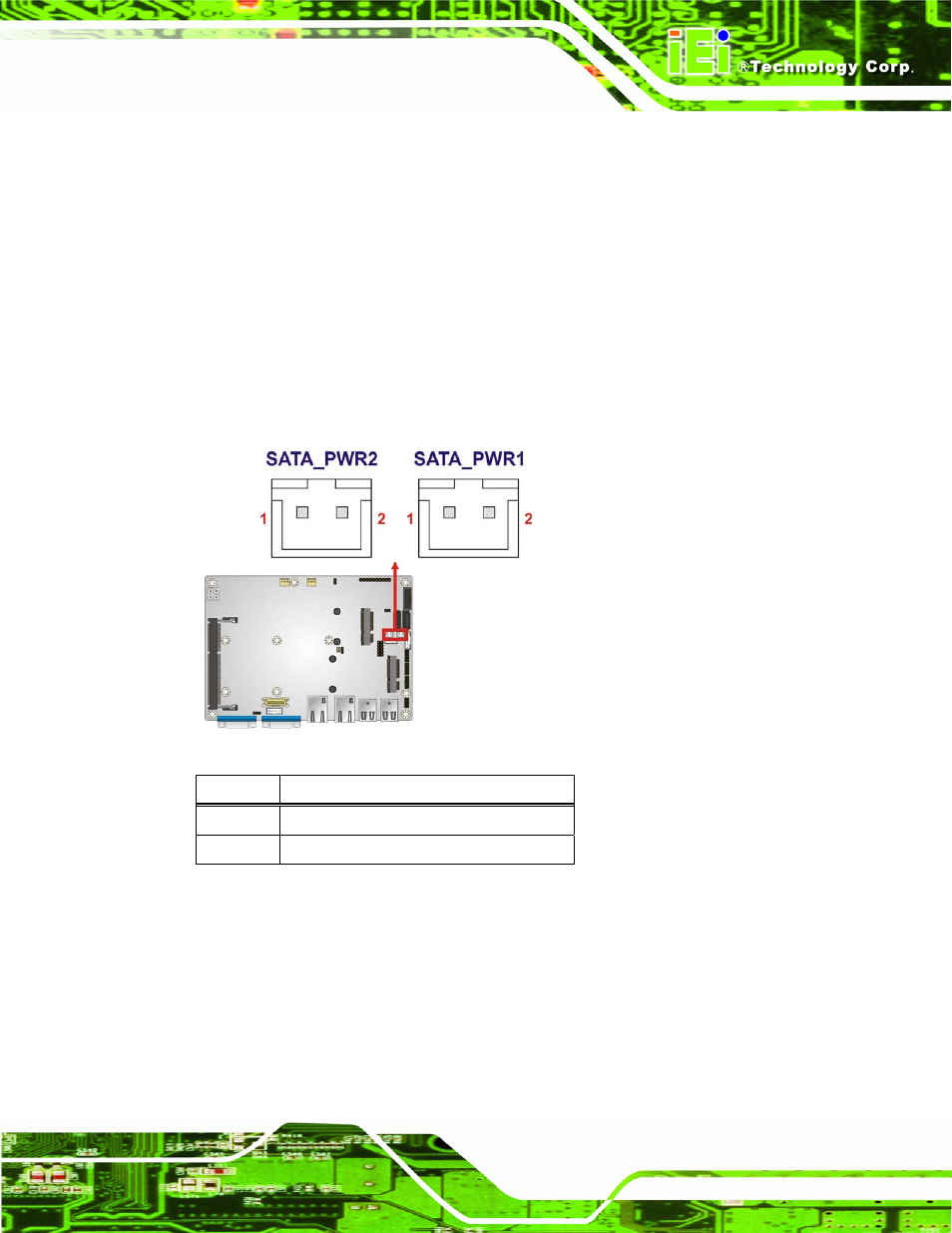 2 internal peripheral connectors, 1 5 v sata power connectors, 2 audio connector | Nternal, Eripheral, Onnectors, Figure 3-2: 5 v sata power connector locations, Table 3-3: 5 v sata power connector pinouts | IEI Integration NANO-CV-D25502_N26002 User Manual | Page 30 / 173