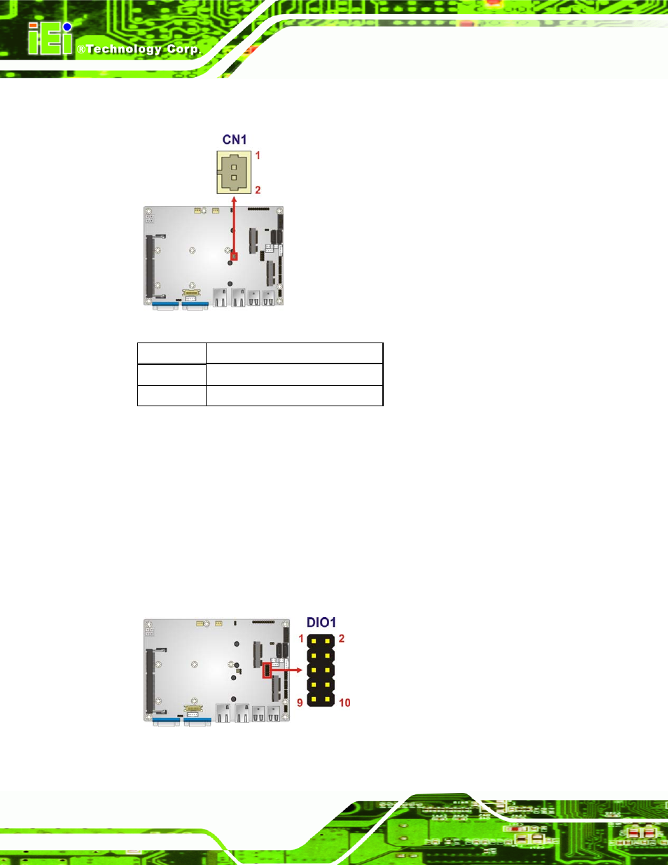 5 digital input/output (dio) connector, Figure 3-5: battery connector location, Figure 3-6: digital i/o connector location | Table 3-6: battery connector pinouts | IEI Integration NANO-CV-D25502_N26002 User Manual | Page 33 / 173