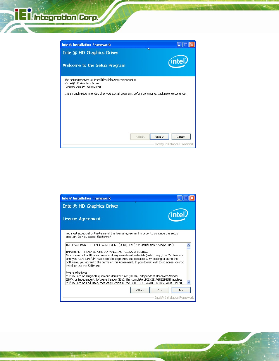 Figure 6-8: graphics driver welcome screen, Figure 6-9: graphics driver license agreement | IEI Integration NANO-QM871 User Manual | Page 133 / 203