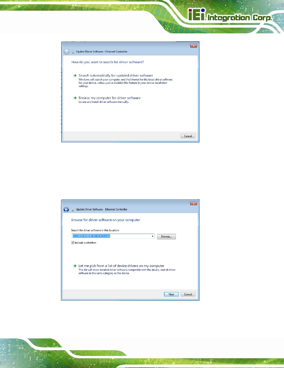 Figure 6-16: update driver software window, Figure 6-17: locate driver files | IEI Integration NANO-QM871 User Manual | Page 138 / 203