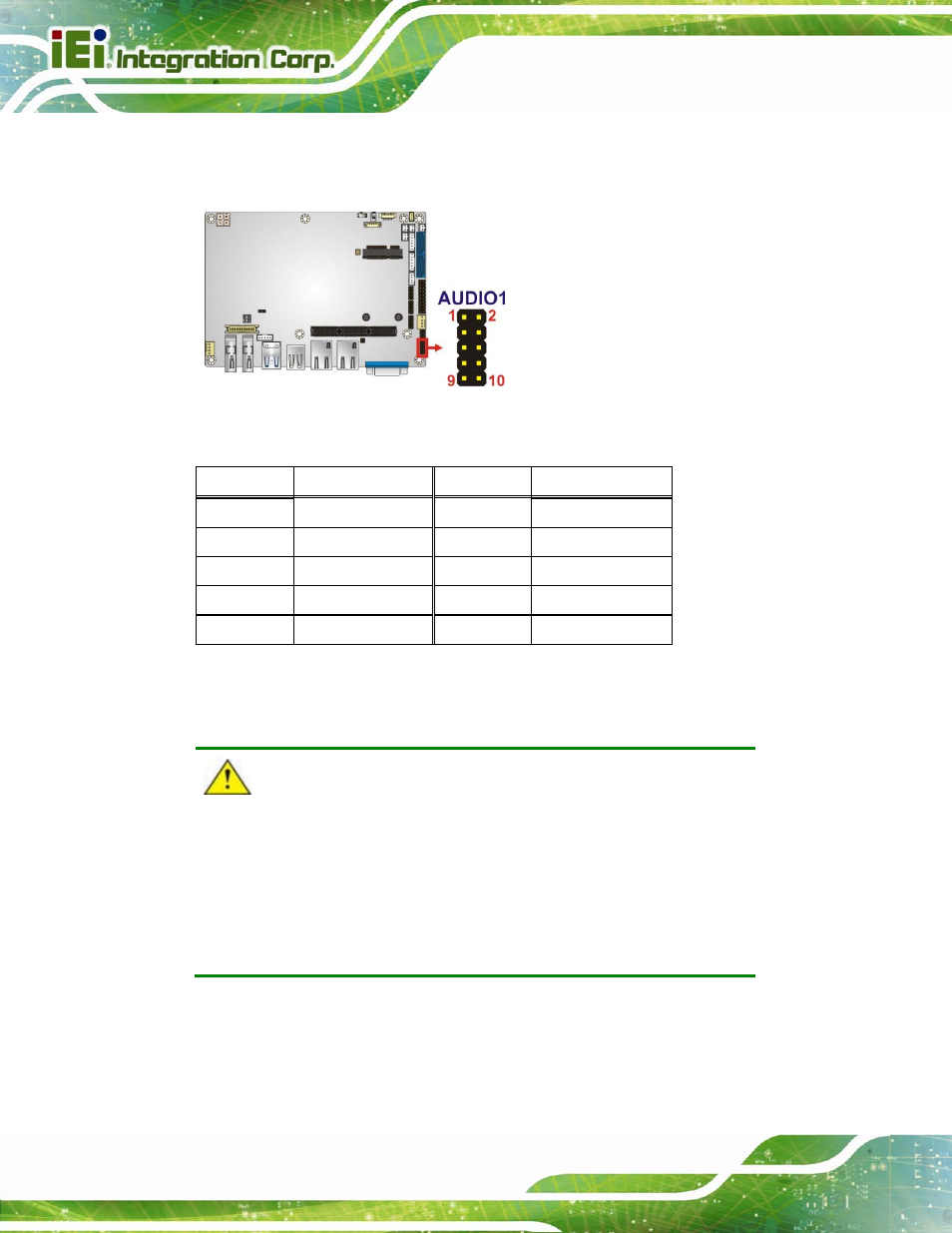 2 battery connector, Figure 3-2: audio connector location, Table 3-3: audio connector pinouts | IEI Integration NANO-QM871 User Manual | Page 33 / 203