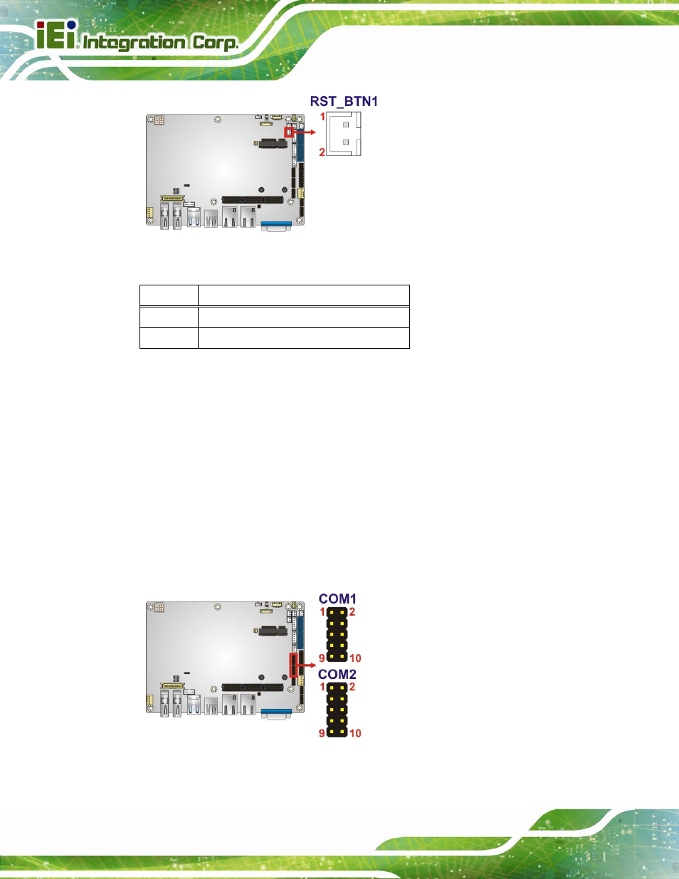 17 rs-232 serial port connectors, Figure 3-17: reset button connector location, Figure 3-18: rs-232 serial port connector location | Table 3-18: reset button connector pinouts | IEI Integration NANO-QM871 User Manual | Page 49 / 203