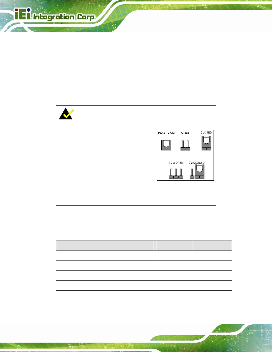 6 jumper settings, Umper, Ettings | Table 4-1: jumpers | IEI Integration NANO-QM871 User Manual | Page 69 / 203