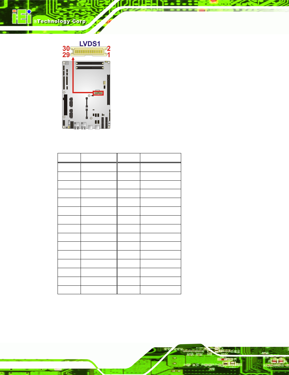 Figure 3-10: lvds connector location, Table 3-11: lvds connector pinouts | IEI Integration NOVA-HM551 v1.10 User Manual | Page 40 / 162