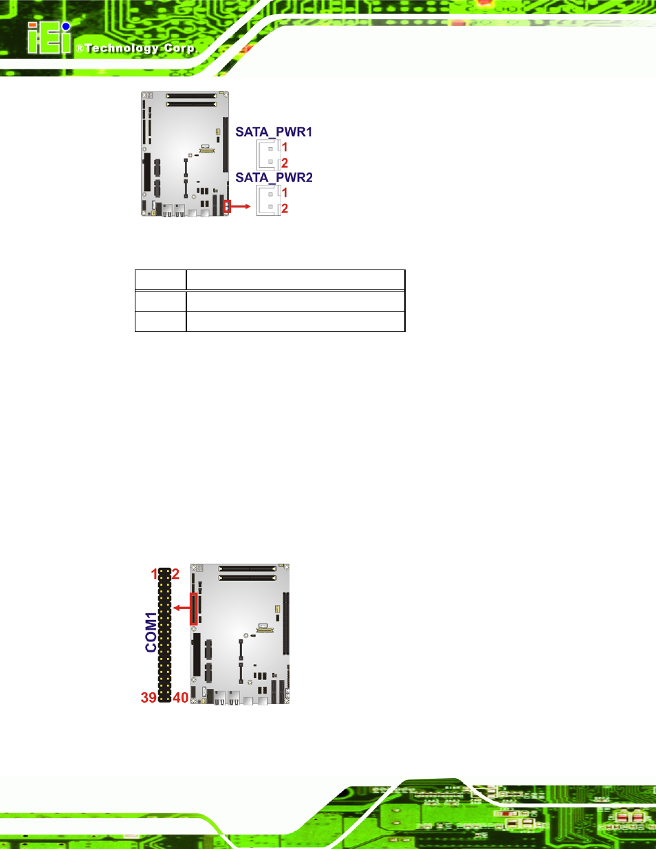 18 serial port connector (rs-232), Figure 3-18: sata power connector locations, Figure 3-19: com connector pinout locations | Table 3-19: sata power connector pinouts | IEI Integration NOVA-HM551 v1.10 User Manual | Page 50 / 162