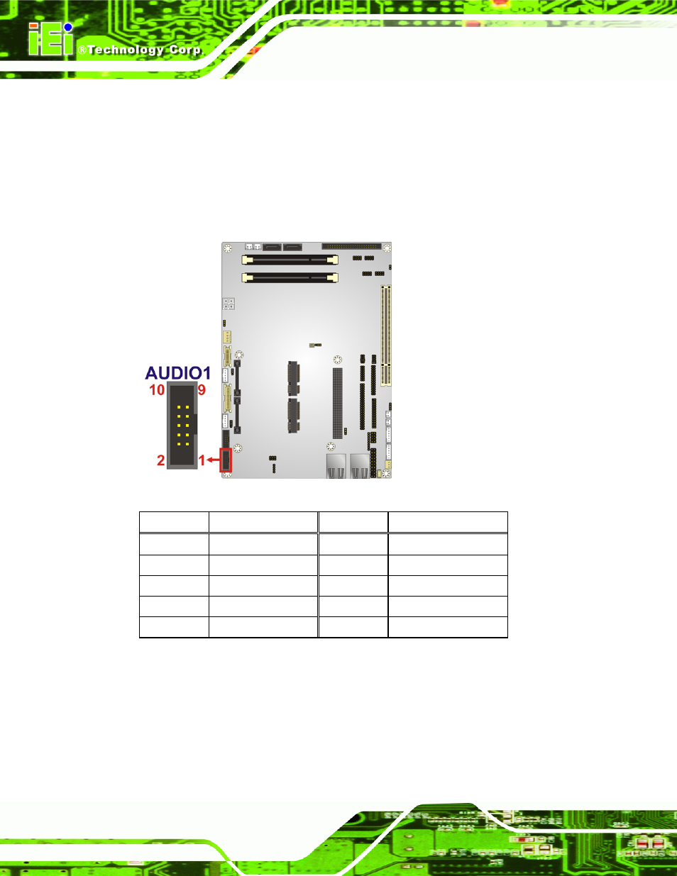 2 battery connector, Figure 3-3: audio connector location, Table 3-3: audio connector pinouts | IEI Integration NOVA-PV-D4251_D5251 v1.01 User Manual | Page 36 / 179
