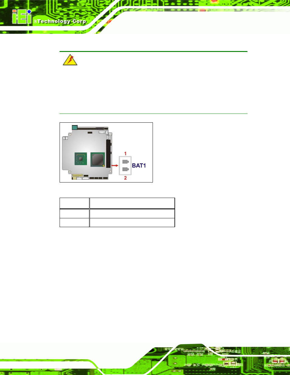 5 compactflash® connector, Figure 3-6: battery connector location, Table 3-5: battery connector pinouts | IEI Integration PM-945GSE User Manual | Page 34 / 122