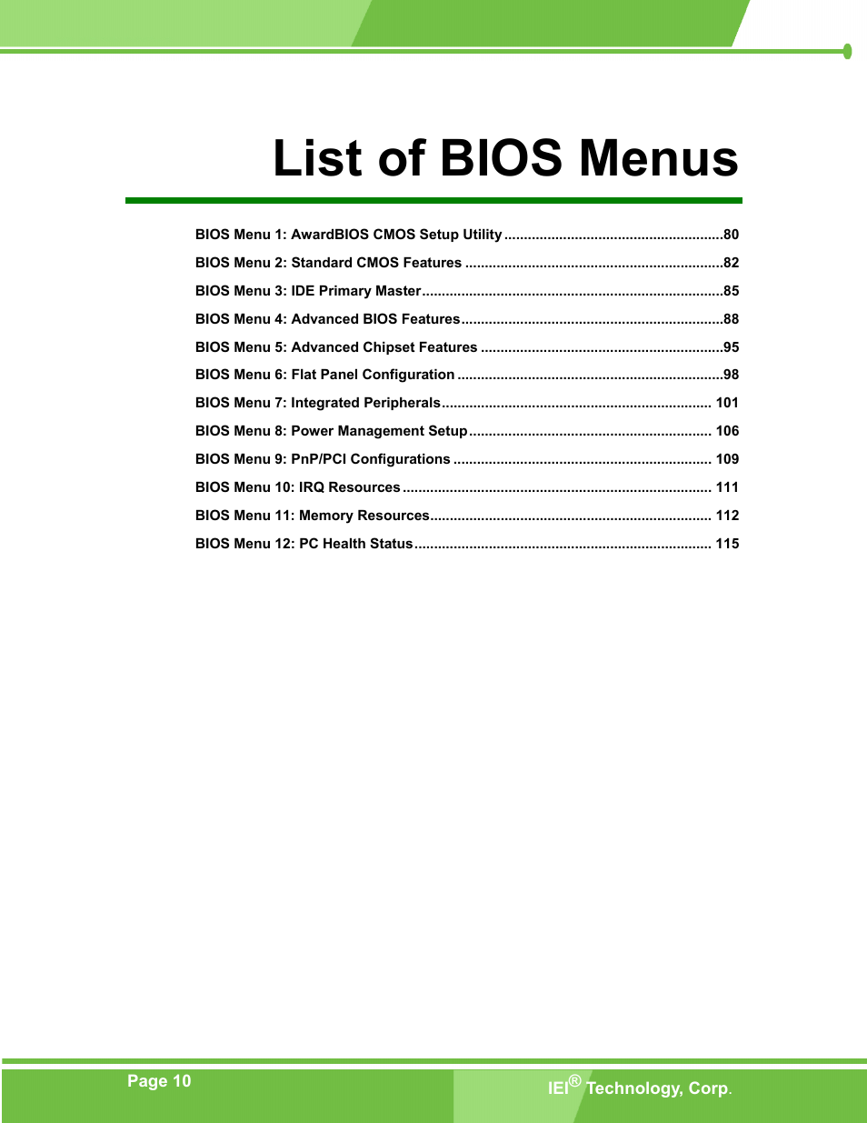 List of bios menus | IEI Integration PM-LX-800 v1.0 User Manual | Page 10 / 147