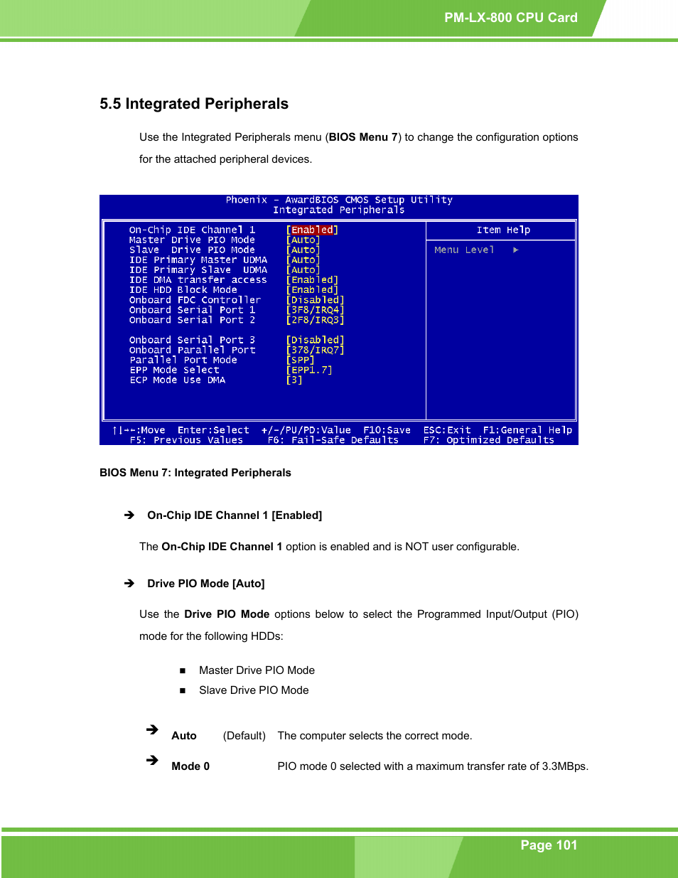 Integrated peripherals, Ntegrated, Eripherals | Bios menu 7: integrated peripherals, 5 integrated peripherals | IEI Integration PM-LX-800 v1.0 User Manual | Page 101 / 147
