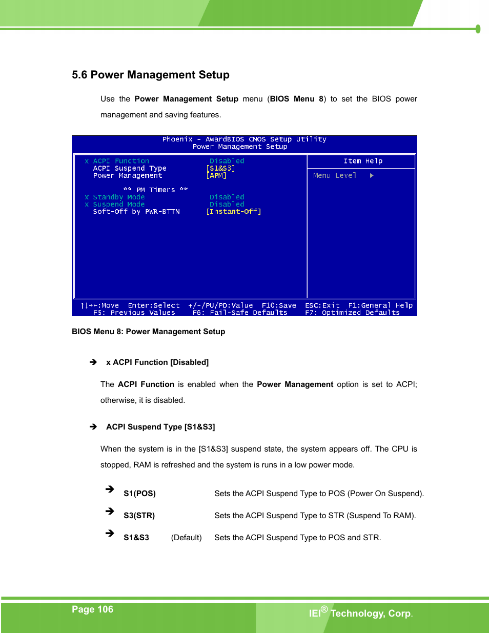 Power management setup, Ower, Anagement | Etup, Bios menu 8: power management setup, 6 power management setup | IEI Integration PM-LX-800 v1.0 User Manual | Page 106 / 147