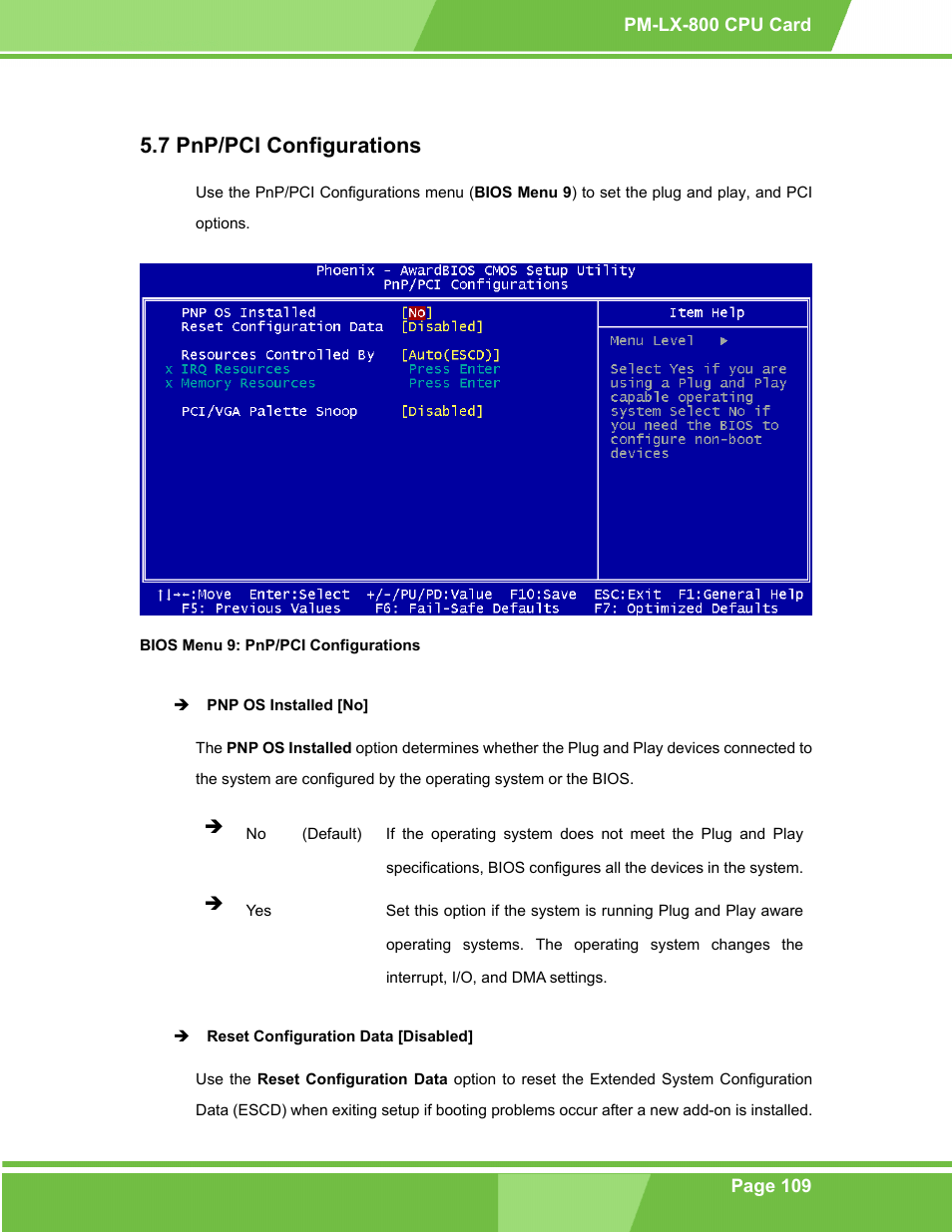Pnp/pci configurations, P/pci c, Onfigurations | Bios menu 9: pnp/pci configurations, 7 pnp/pci configurations | IEI Integration PM-LX-800 v1.0 User Manual | Page 109 / 147