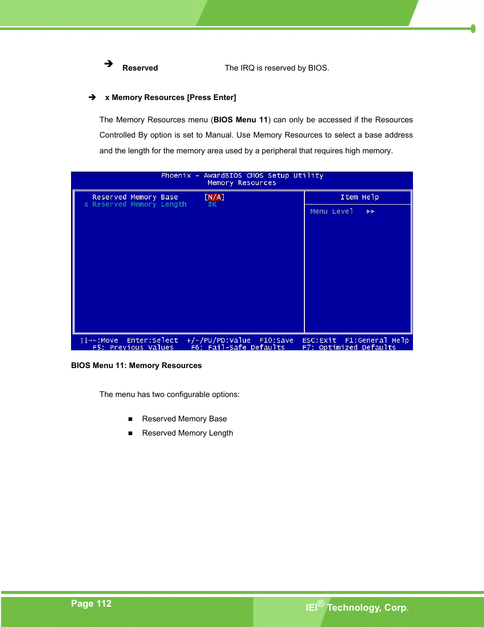 Bios menu 11: memory resources | IEI Integration PM-LX-800 v1.0 User Manual | Page 112 / 147