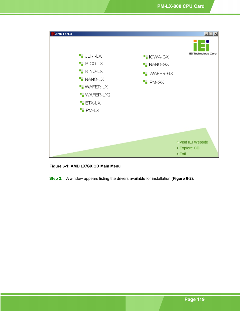 Figure 6-1: amd lx/gx cd main menu | IEI Integration PM-LX-800 v1.0 User Manual | Page 119 / 147