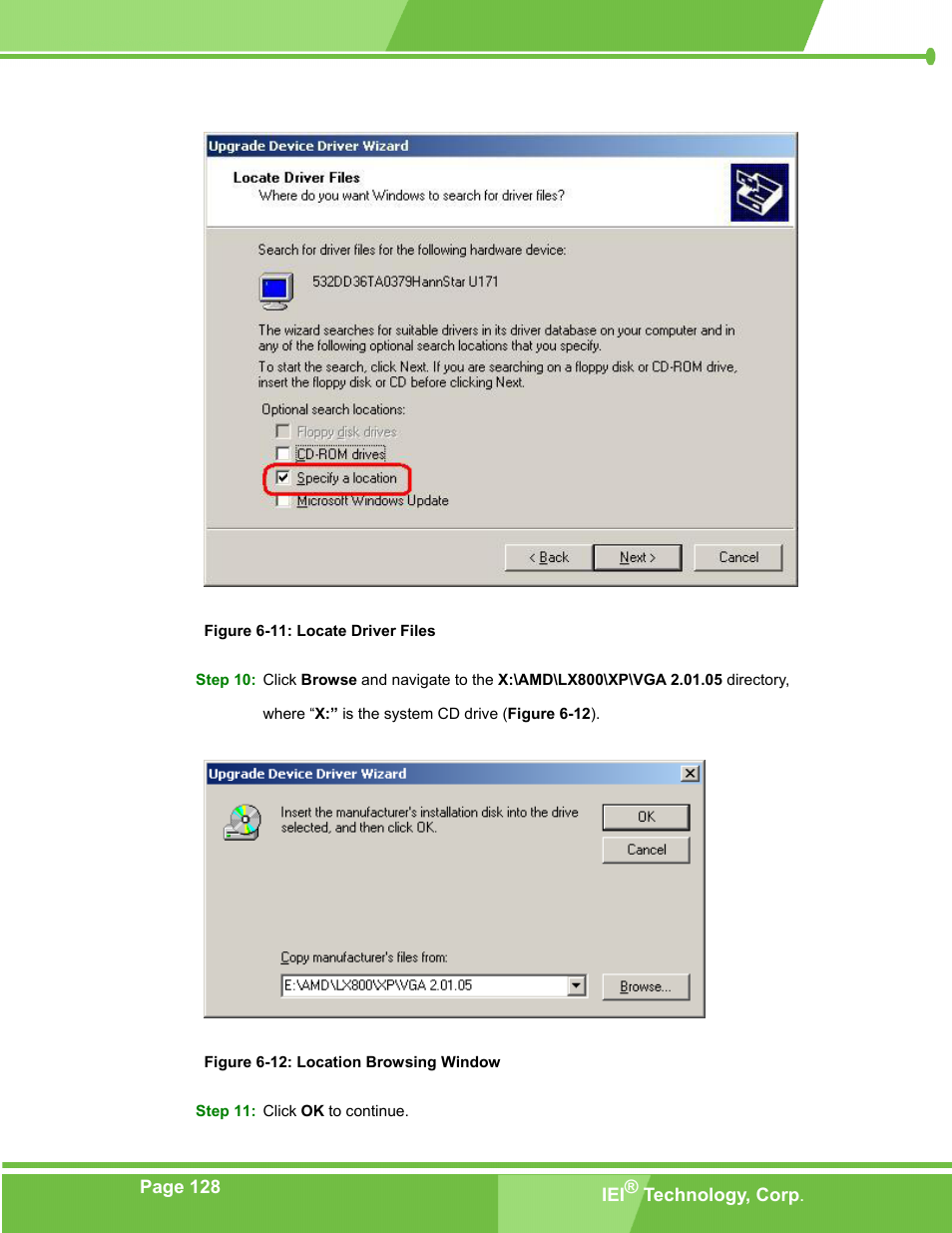 Figure 6-11: locate driver files, Figure 6-12: location browsing window | IEI Integration PM-LX-800 v1.0 User Manual | Page 128 / 147