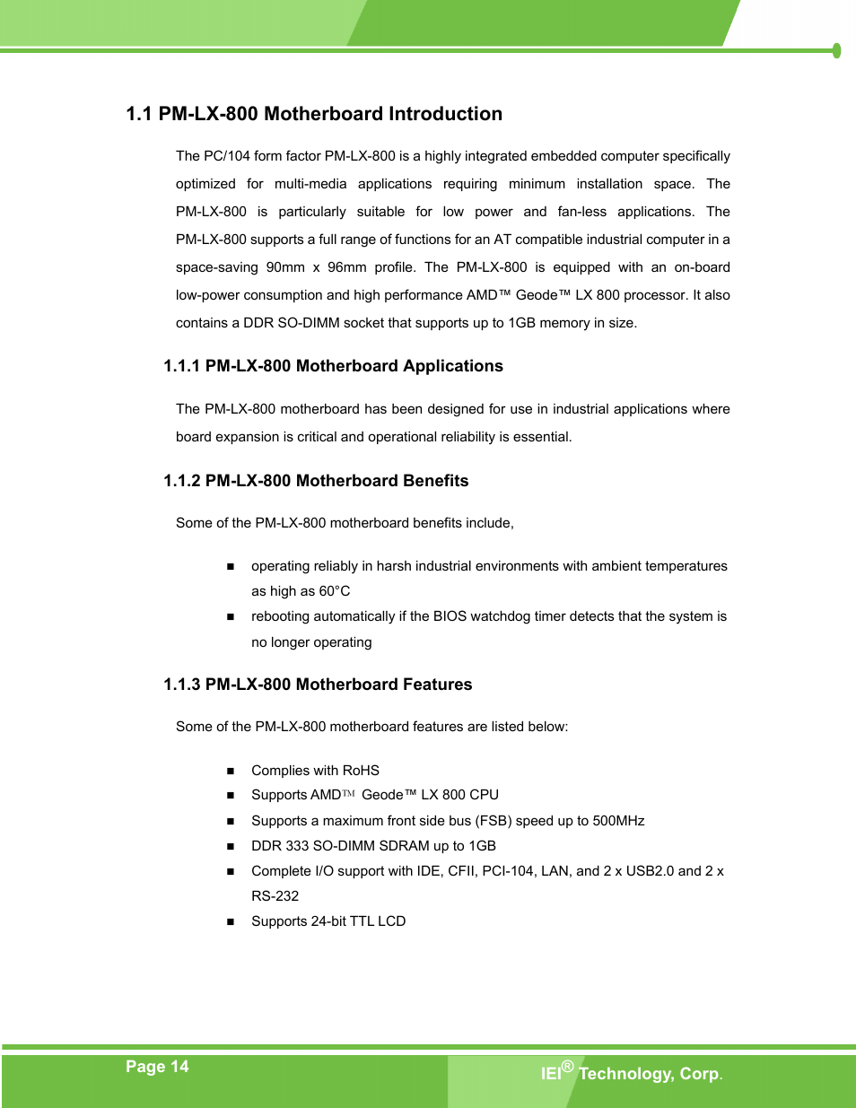 Pm-lx-800 motherboard introduction, Pm-lx-800 motherboard applications, Pm-lx-800 motherboard benefits | Pm-lx-800 motherboard features, 1 pm-lx-800 m, Otherboard, Ntroduction, 1 pm-lx-800 motherboard introduction | IEI Integration PM-LX-800 v1.0 User Manual | Page 14 / 147