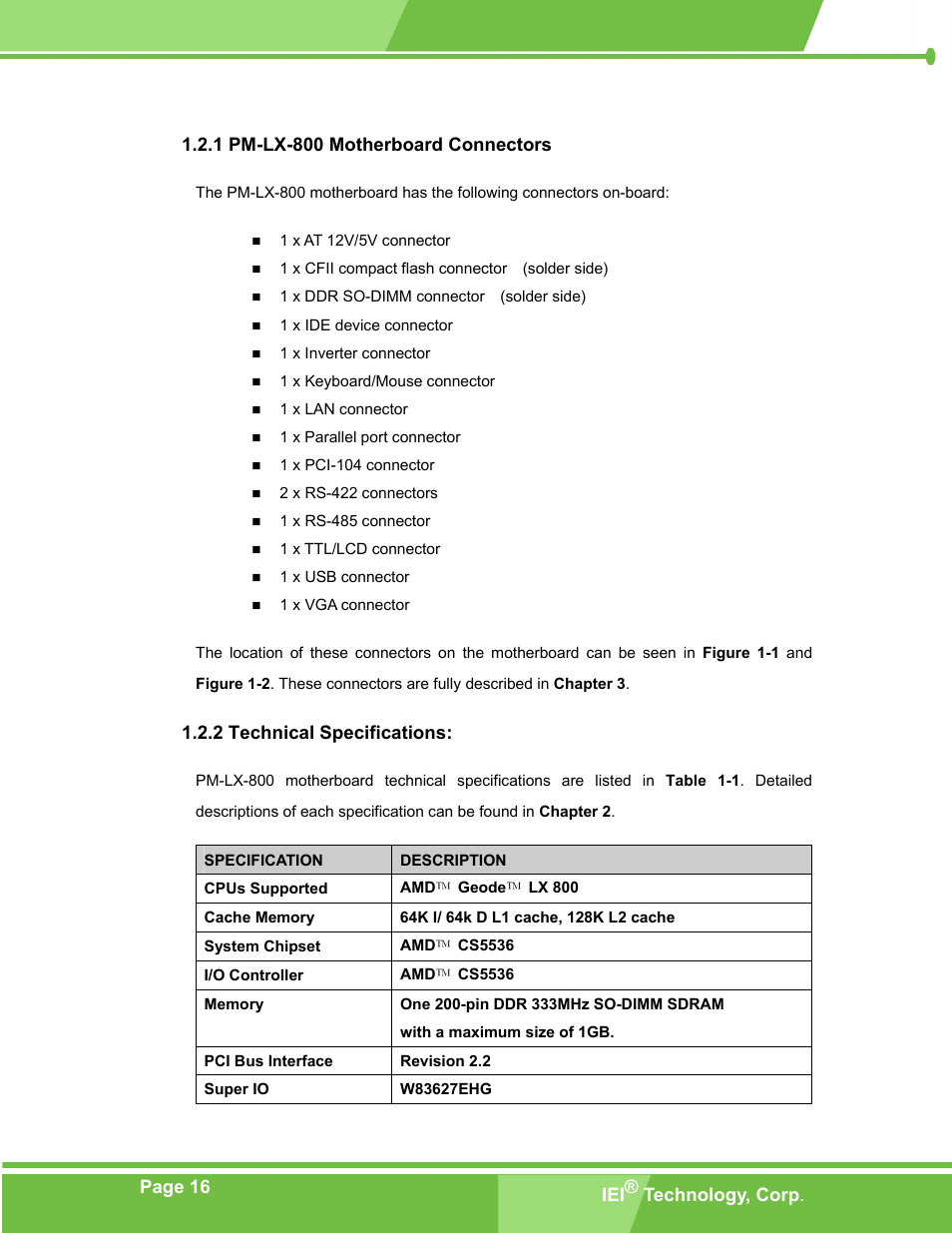 Pm-lx-800 motherboard connectors, Technical specifications | IEI Integration PM-LX-800 v1.0 User Manual | Page 16 / 147