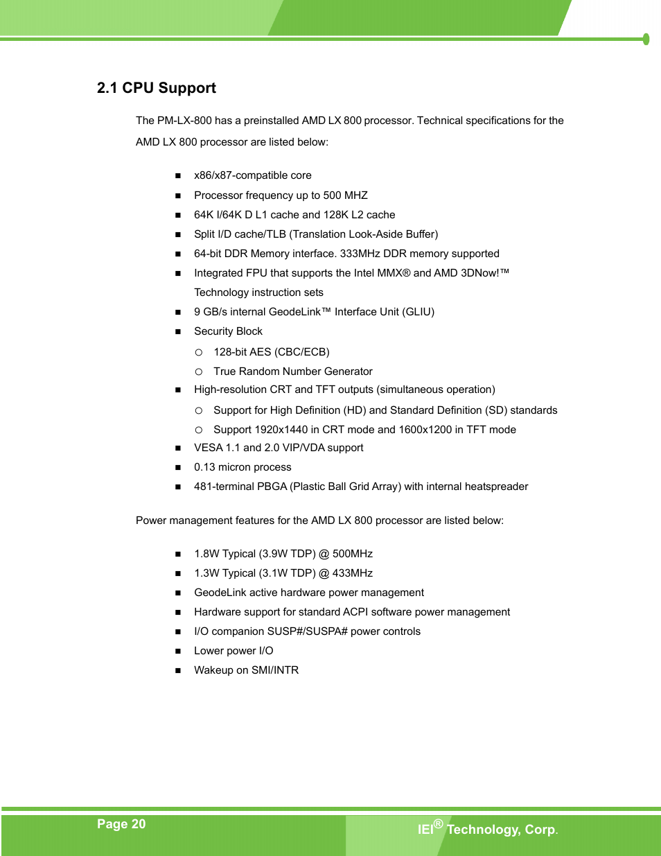 Cpu support, 1 cpu s, Upport | 1 cpu support | IEI Integration PM-LX-800 v1.0 User Manual | Page 20 / 147