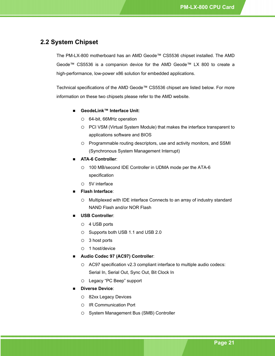 System chipset, Ystem, Hipset | 2 system chipset | IEI Integration PM-LX-800 v1.0 User Manual | Page 21 / 147