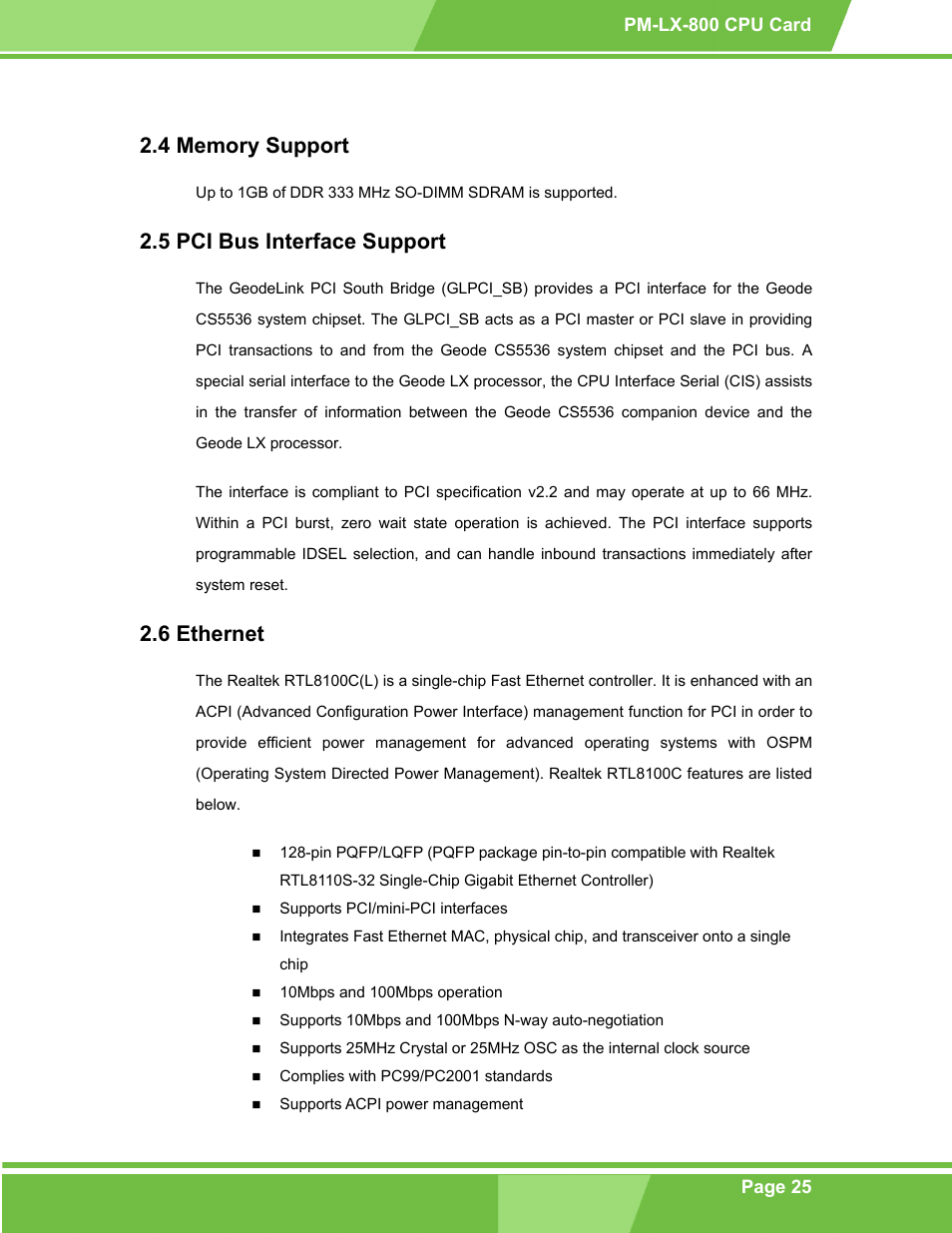 Memory support, Pci bus interface support, Ethernet | Emory, Upport, 5 pci b, Nterface, Thernet, 5 pci bus interface support, 6 ethernet | IEI Integration PM-LX-800 v1.0 User Manual | Page 25 / 147