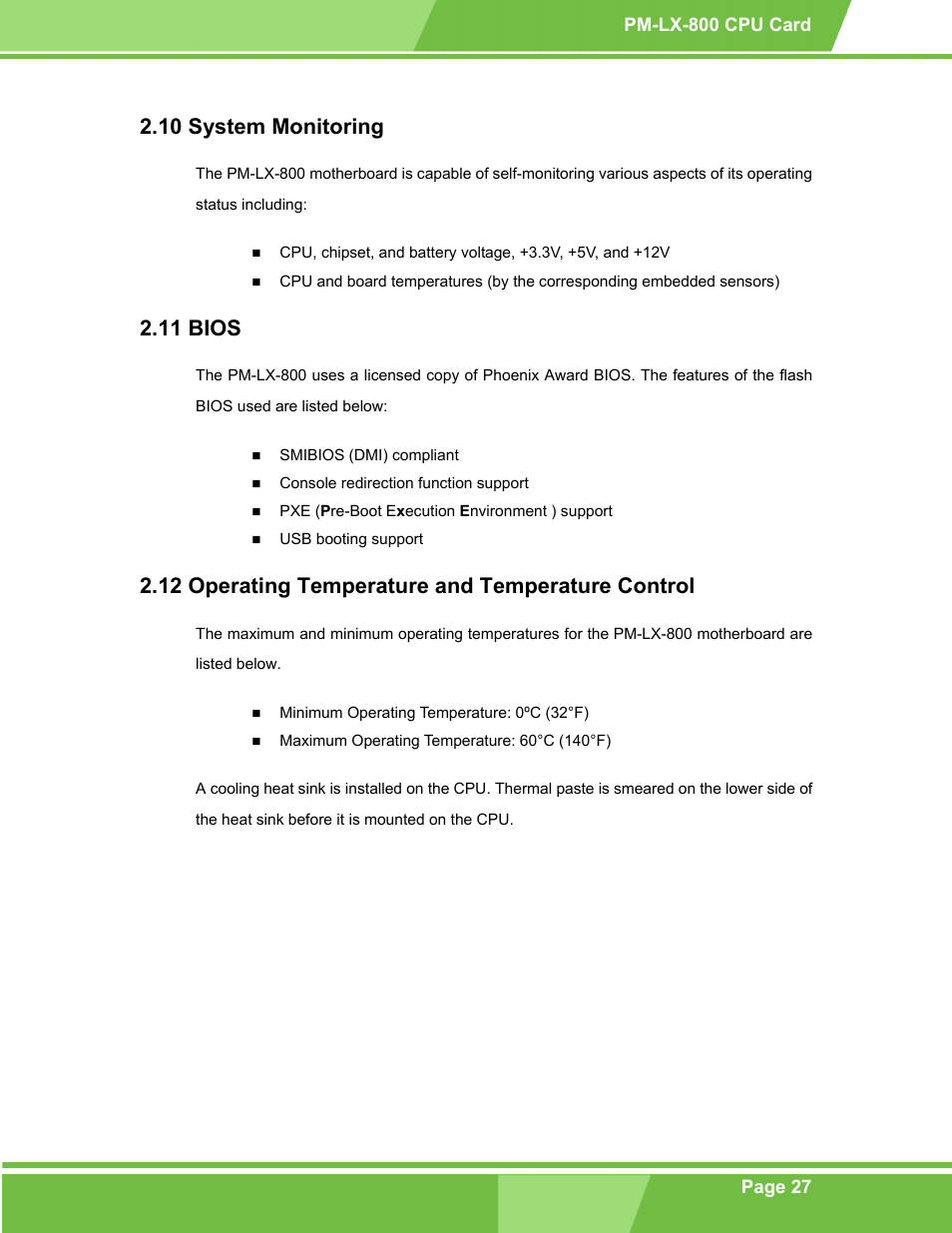 Bios, Operating temperature and temperature control, 11 bios 2.12 o | Perating, Emperature and, Emperature, Ontrol, 10 system monitoring, 11 bios, 12 operating temperature and temperature control | IEI Integration PM-LX-800 v1.0 User Manual | Page 27 / 147