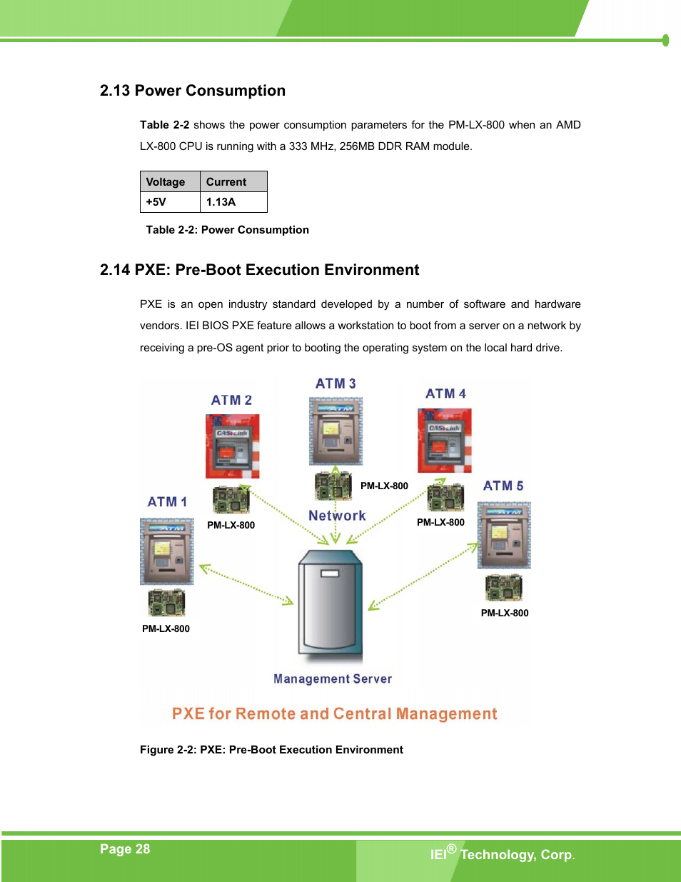 Power consumption, Pxe: pre-boot execution environment, 13 p | Ower, Onsumption, 14 pxe: p, Xecution, Nvironment, Figure 2-2: pxe: pre-boot execution environment, Table 2-2: power consumption | IEI Integration PM-LX-800 v1.0 User Manual | Page 28 / 147