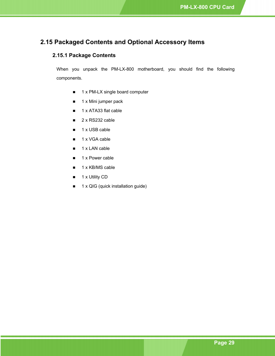 Packaged contents and optional accessory items, Package contents, 15 p | Ackaged, Ontents and, Ptional, Ccessory, Tems, 1 package contents, 15 packaged contents and optional accessory items | IEI Integration PM-LX-800 v1.0 User Manual | Page 29 / 147