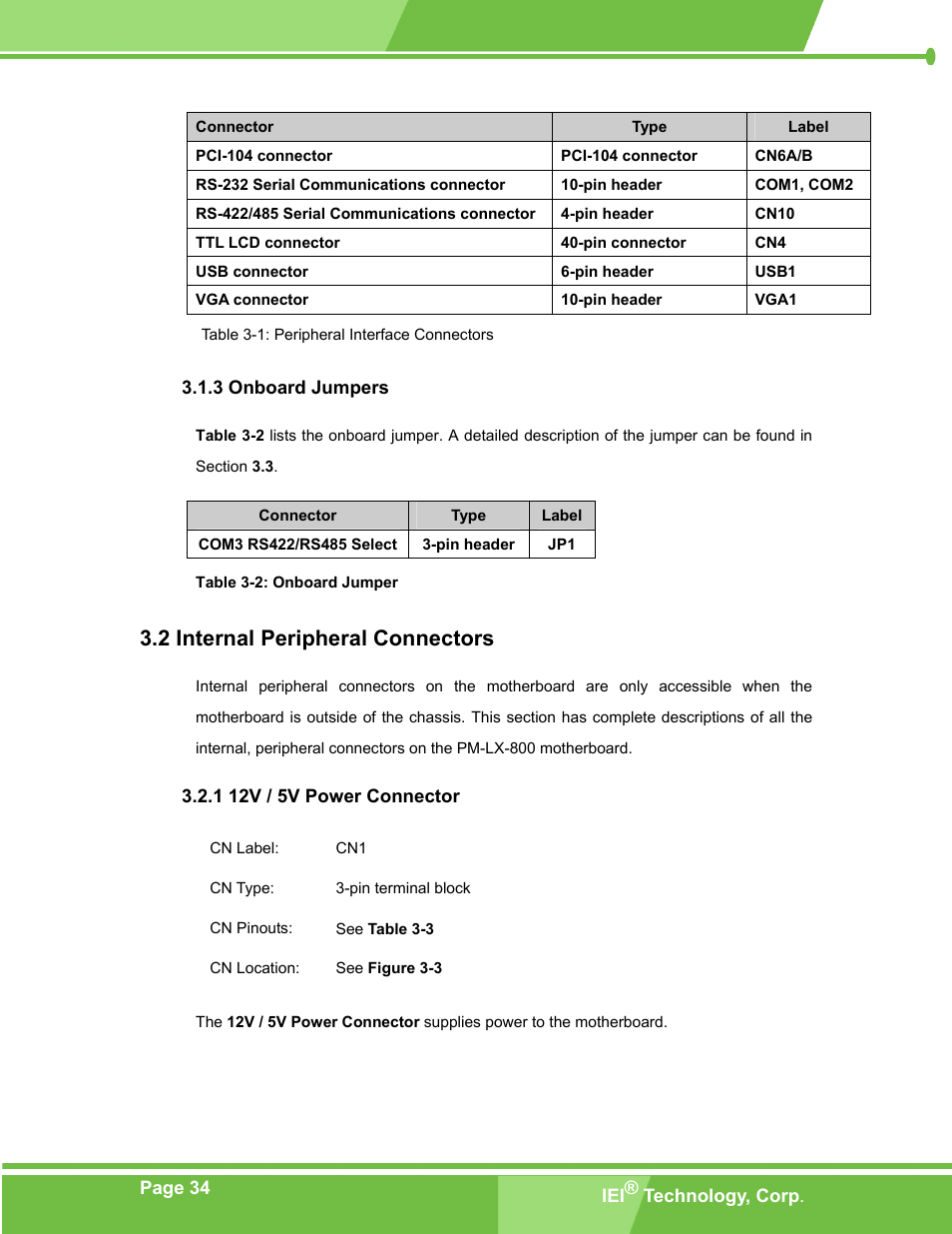 Onboard jumpers, Internal peripheral connectors, 12v / 5v power connector | 3 onboard jumpers, Nternal, Eripheral, Onnectors, 1 12v / 5v power connector, Table 3-1: peripheral interface connectors, Table 3-2: onboard jumper | IEI Integration PM-LX-800 v1.0 User Manual | Page 34 / 147