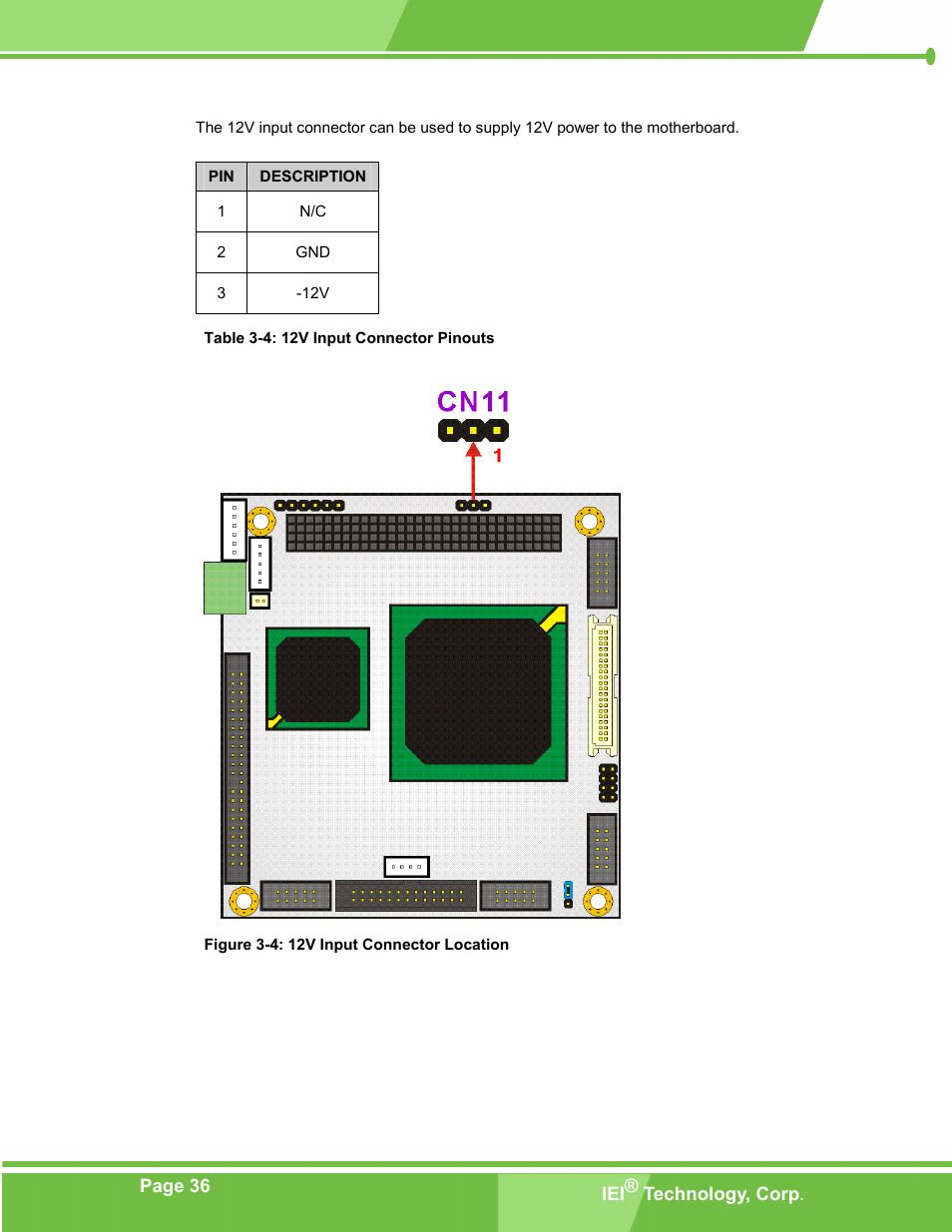 Figure 3-4: 12v input connector location, Table 3-4: 12v input connector pinouts | IEI Integration PM-LX-800 v1.0 User Manual | Page 36 / 147