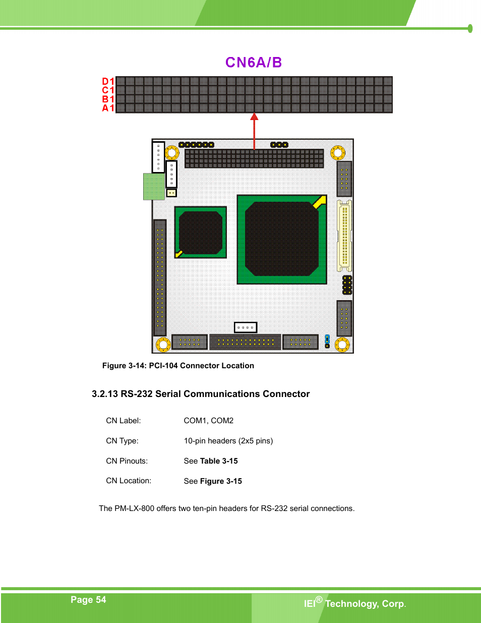 Rs-232 serial communications connector, 13 rs-232 serial communications connector, Figure 3-14: pci-104 connector location | IEI Integration PM-LX-800 v1.0 User Manual | Page 54 / 147