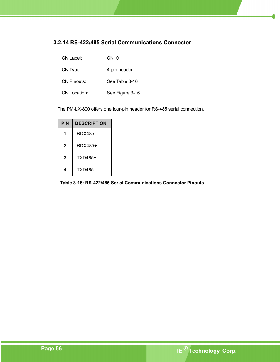 Rs-422/485 serial communications connector, 14 rs-422/485 serial communications connector | IEI Integration PM-LX-800 v1.0 User Manual | Page 56 / 147