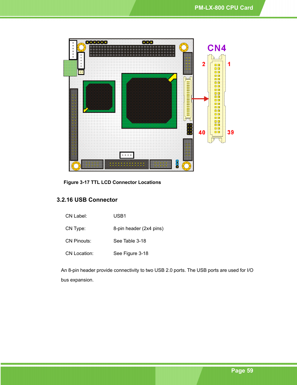 Usb connector, 16 usb connector, Figure 3-17 ttl lcd connector locations | IEI Integration PM-LX-800 v1.0 User Manual | Page 59 / 147