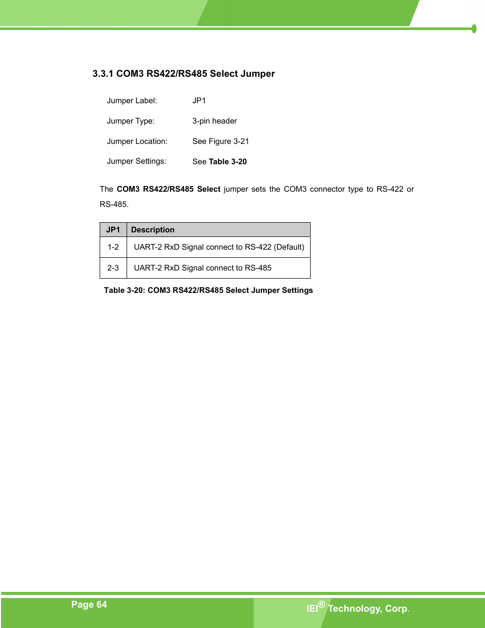 Com3 rs422/rs485 select jumper, 1 com3 rs422/rs485 select jumper | IEI Integration PM-LX-800 v1.0 User Manual | Page 64 / 147